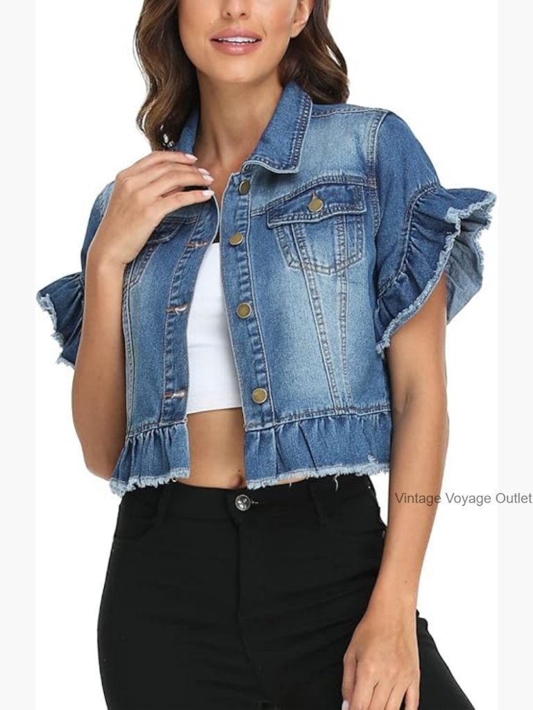 Cropped Denim Jacket With Ruffle Sleeves Distressed Hem Button Front